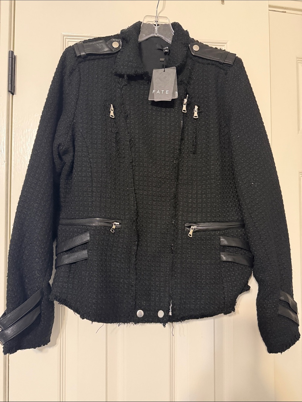 FATE Black Textured Tweed Moto-Style Blazer